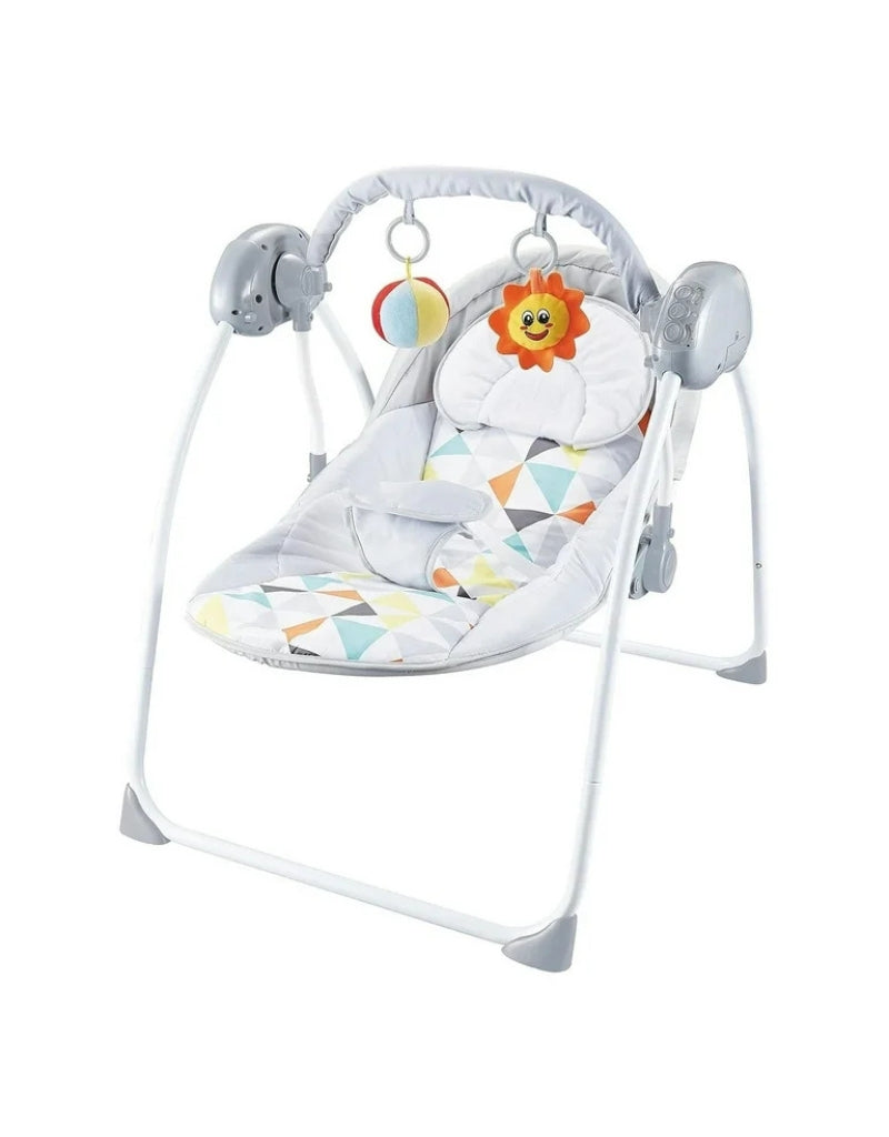 Safe Intelligence Remote Control Rocking Chair for baby with mobile toys and grey geometric padding.